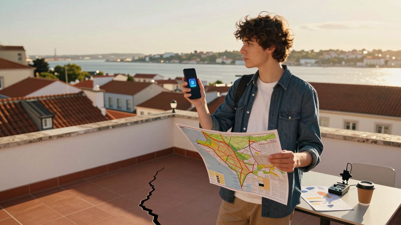 Jovem num terraço com mapa, segurando um telemóvel com sinal de bateria e fissura no chão perto.