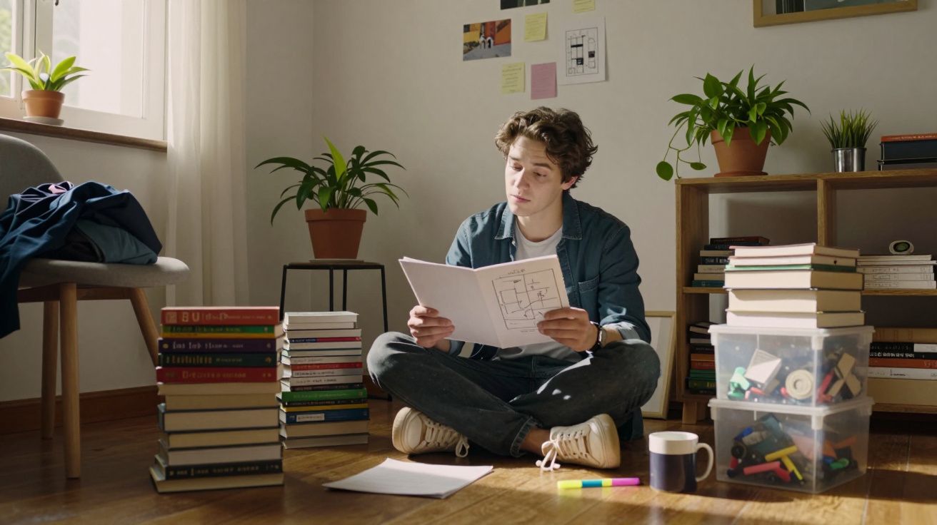 Jovem sentado no chão lê livro rodeado de pilhas de livros, plantas e material de escrita numa sala iluminada.