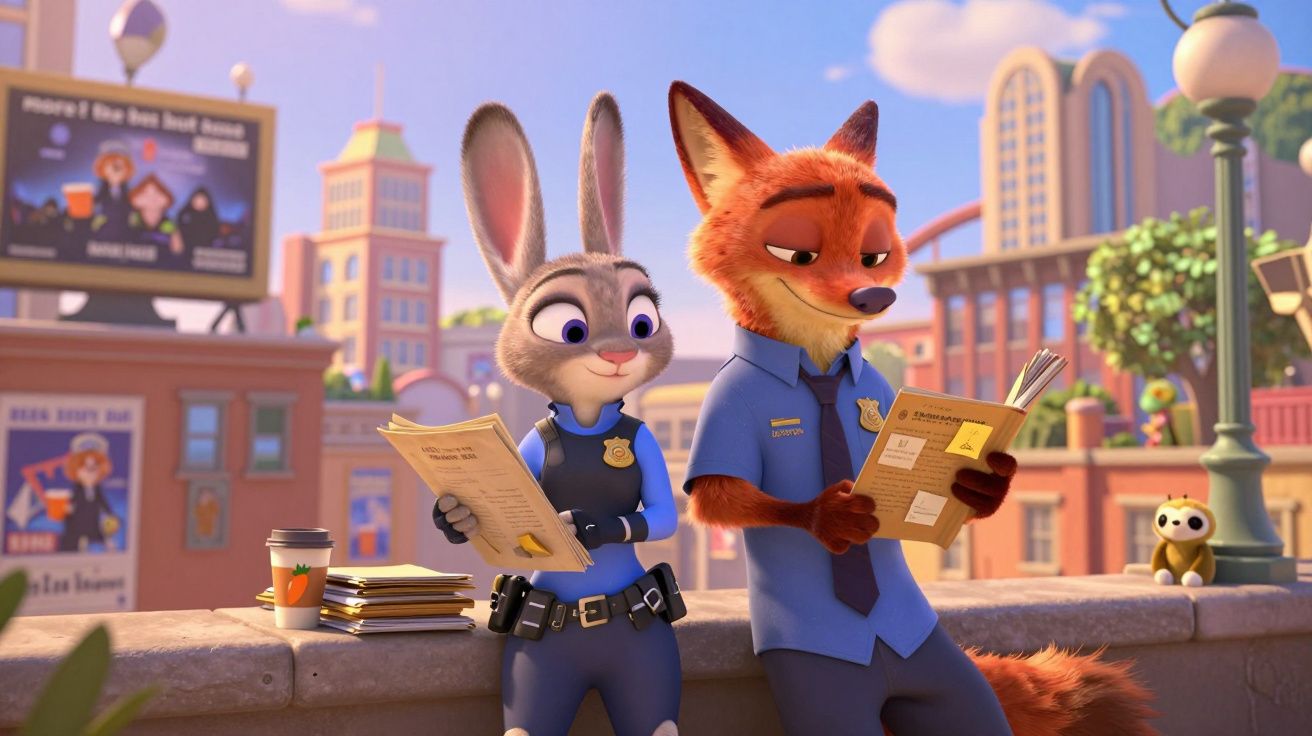 Coelho e raposo animados em uniforme policial a consultar documentos numa cidade ensolarada.