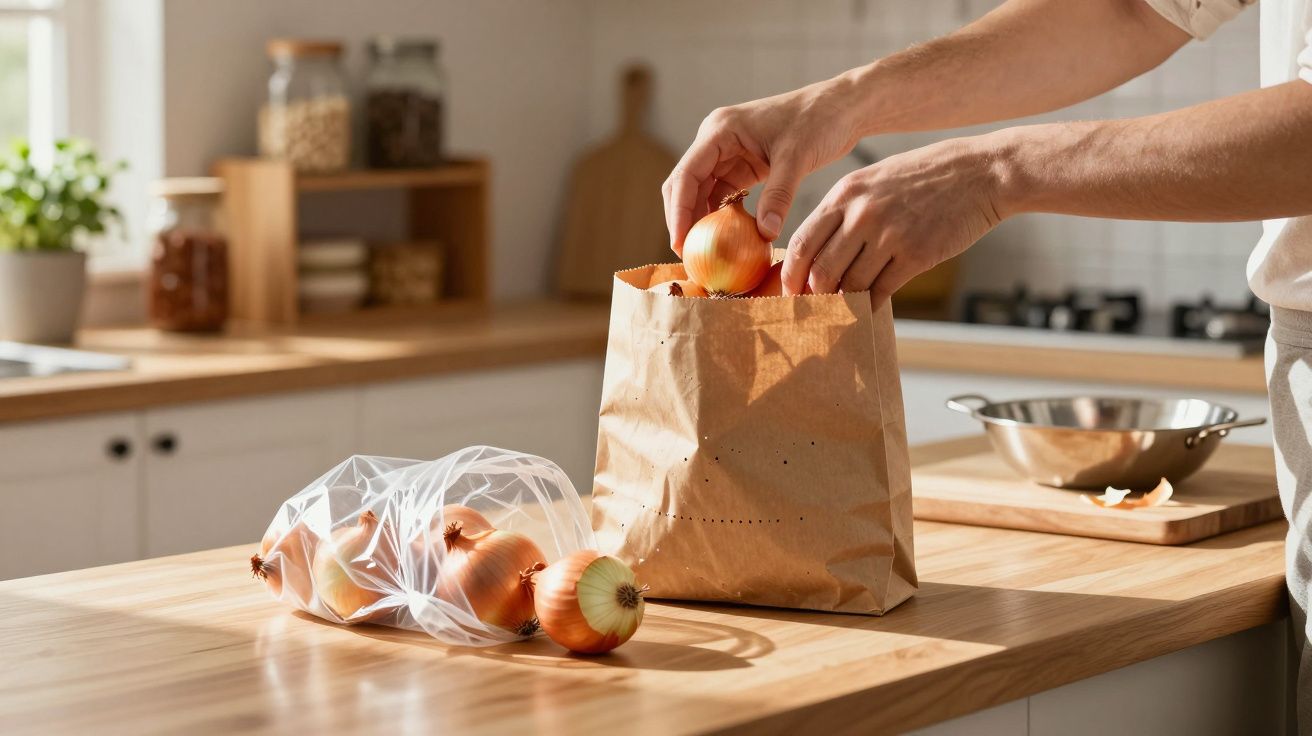 Pessoa a guardar cebolas num saco de papel numa cozinha moderna com bancada em madeira.