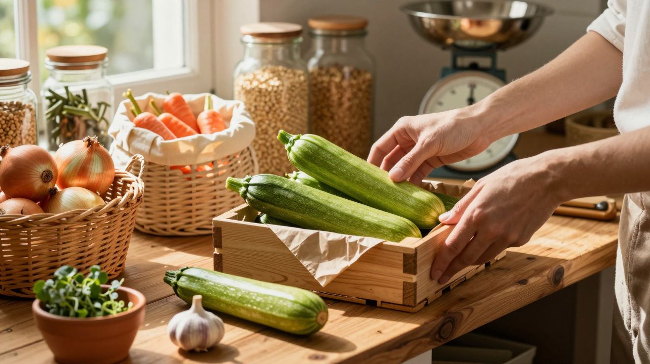 Mãos a arrumar courgettes numa caixa de madeira numa cozinha com legumes e frascos ao fundo.