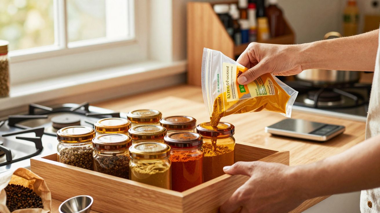 Pessoa a despejar especiaria amarela em frasco de vidro numa cozinha com vários frascos organizados numa caixa de madeira.