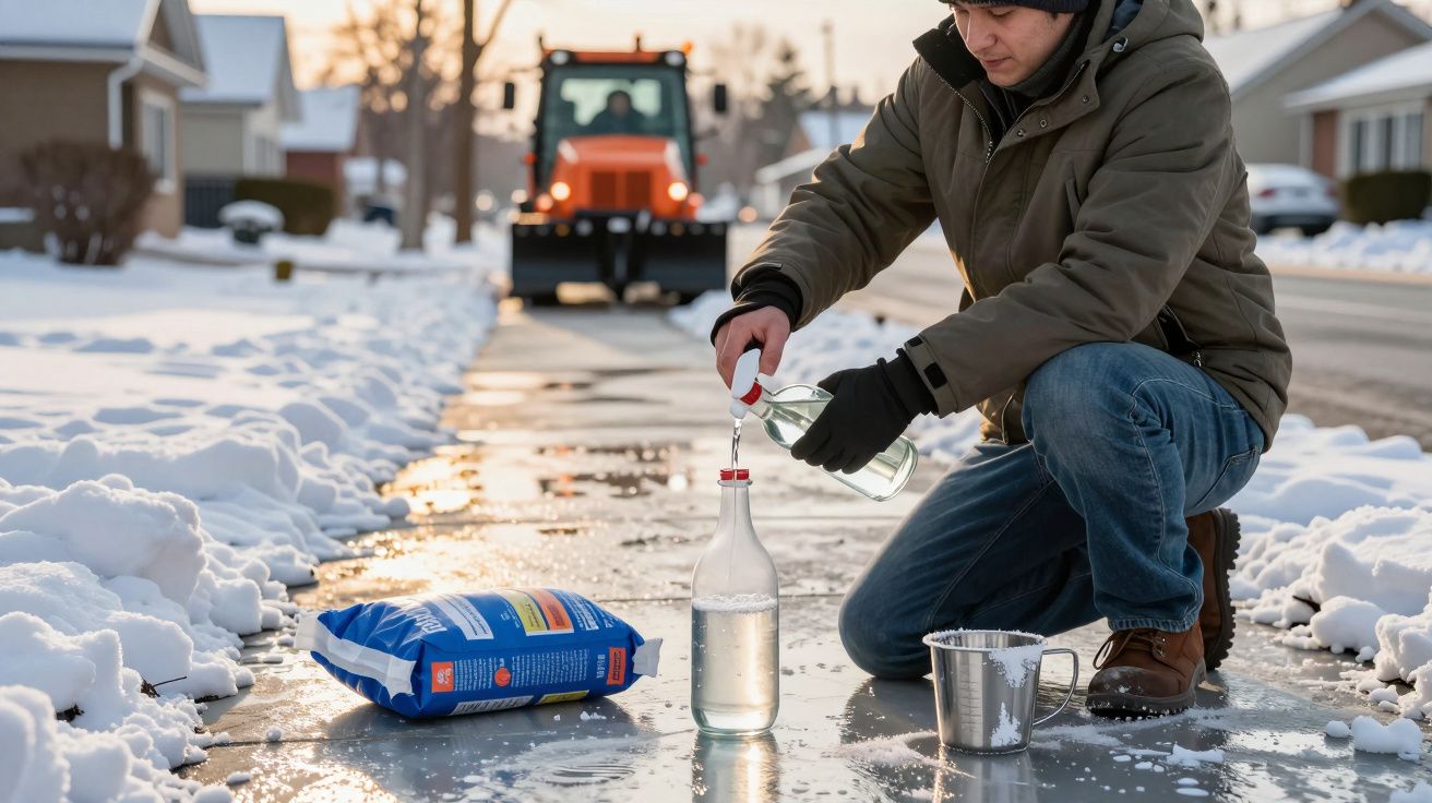 Homem a despejar líquido numa garrafa para descongelar gelo numa rua com neve.
