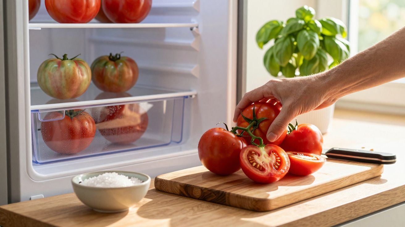 Pessoa a apanhar tomate maduro na cozinha perto de uma frigorífico aberto e uma planta verde junto à janela.