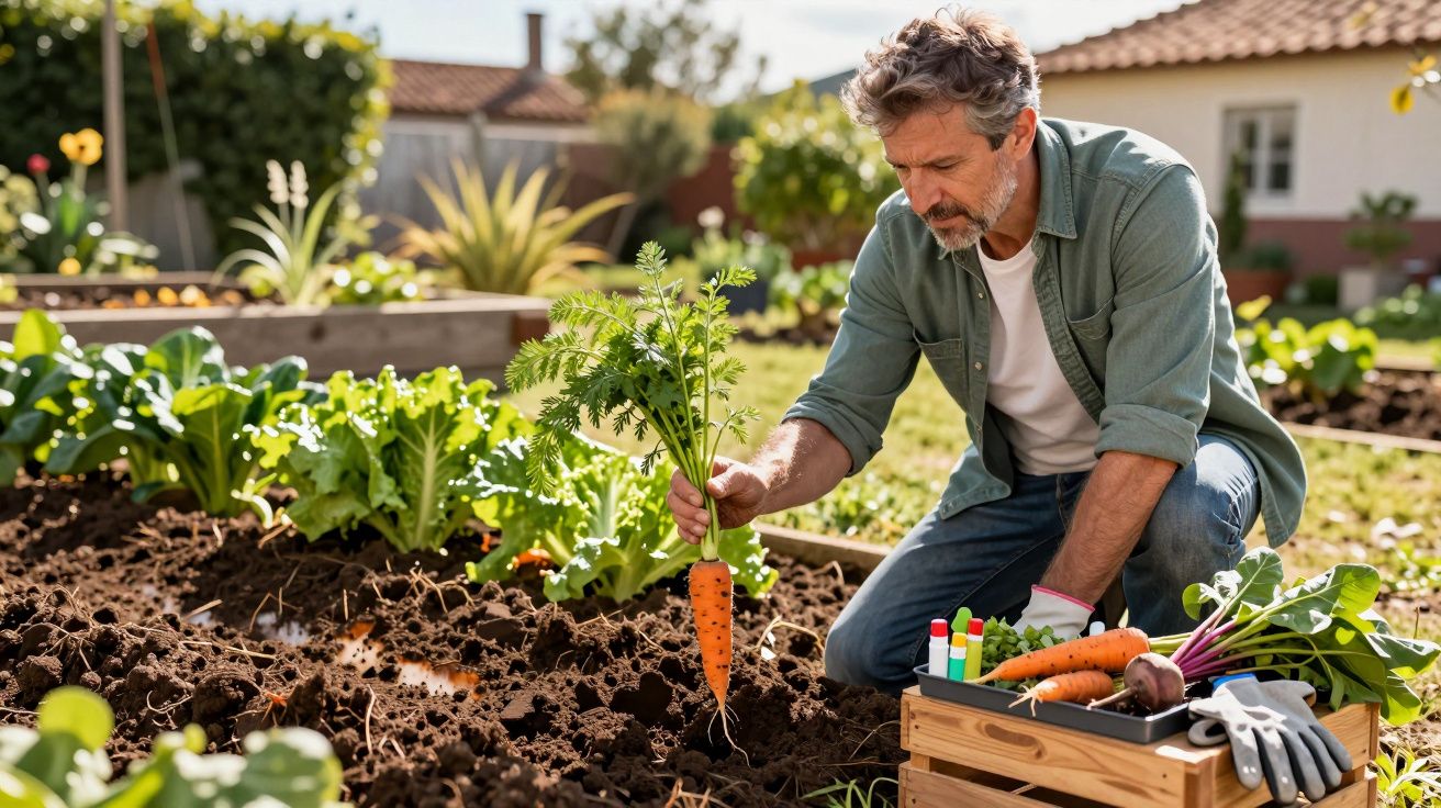 Homem a colher cenouras num jardim hortícola com várias plantas verdes ao redor.