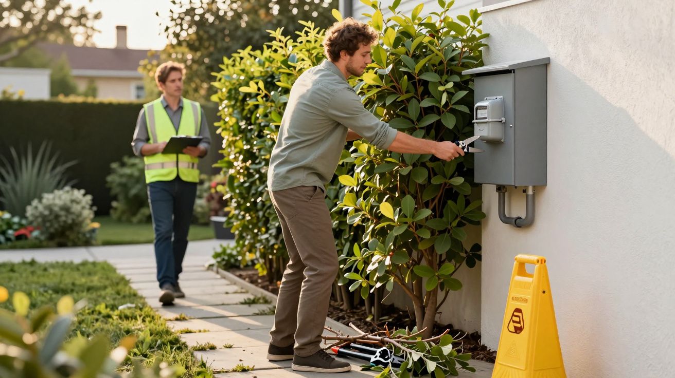 Homem a podar arbusto junto a caixa elétrica com outro homem de colete refletor a observar.