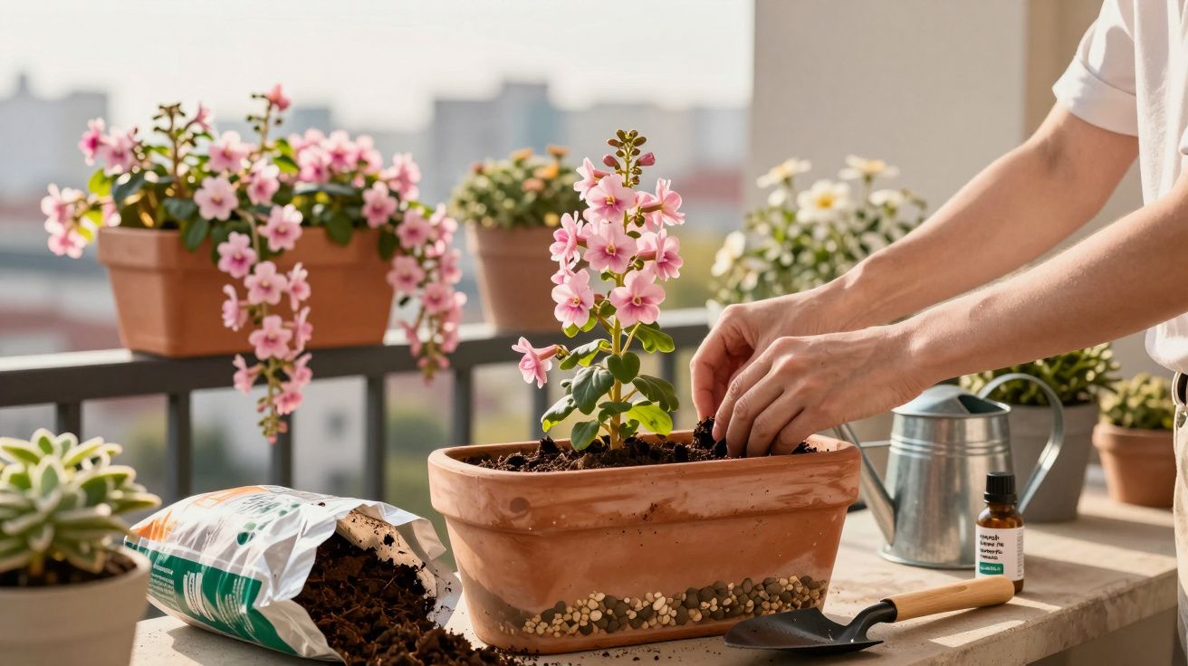 Pessoa a plantar flor rosa em vaso de barro numa varanda com outros vasos e materiais de jardinagem.