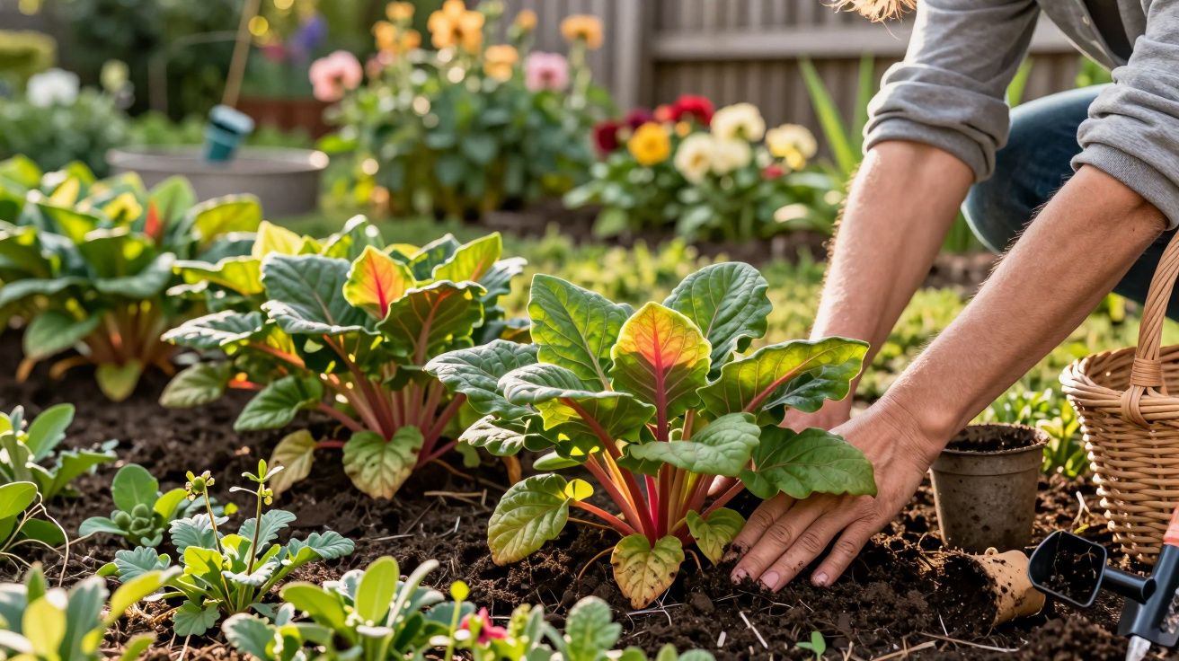 Pessoa a cuidar de couve suíça num jardim com várias plantas e flores ao fundo.