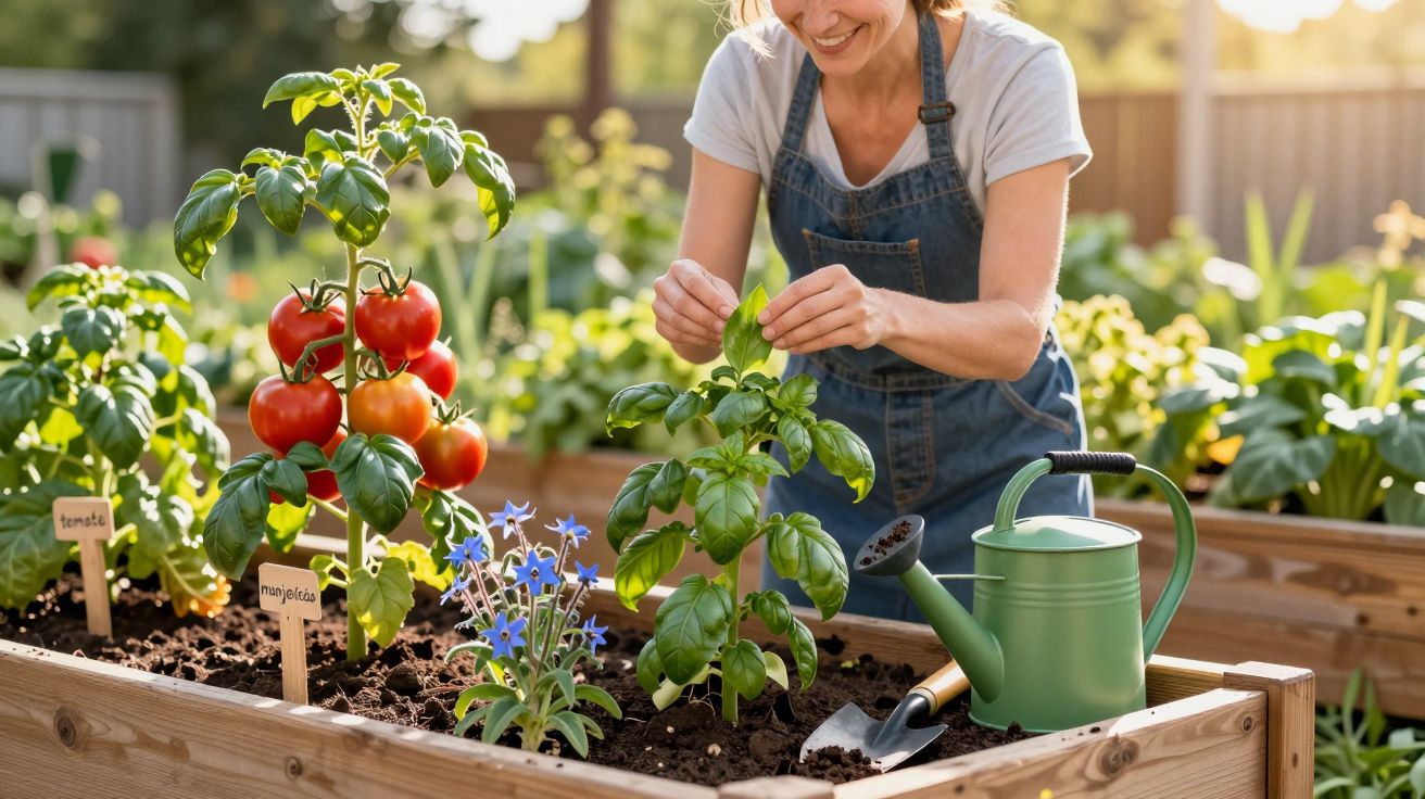 Mulher a cuidar de plantas num canteiro com tomate, manjericão e regador verde num jardim ensolarado.