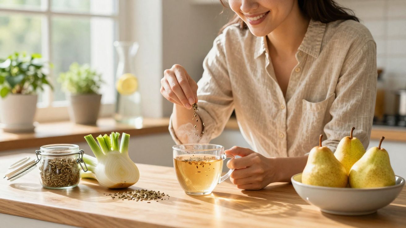Mulher prepara chá de funcho, adicionando sementes a uma chávena na cozinha com fruta e plantas na bancada.