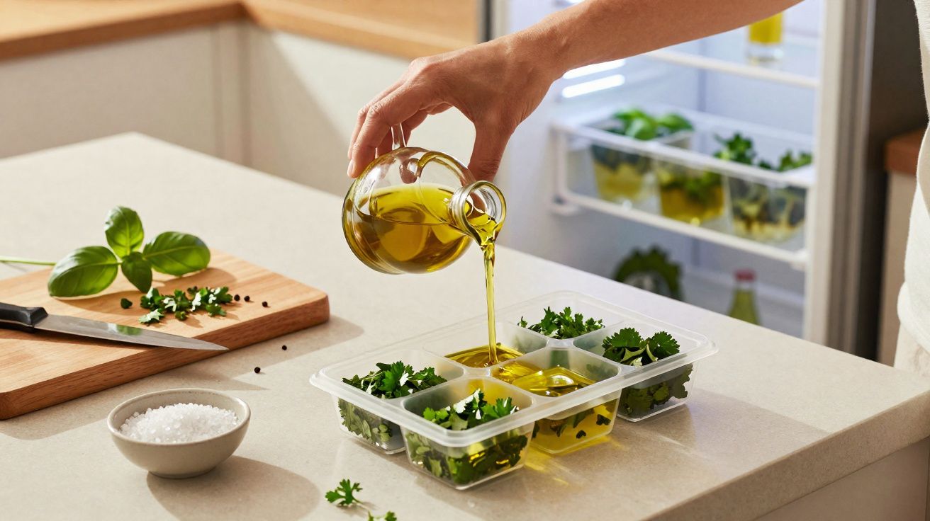 Pessoa a verter azeite numa forma de gelo com ervas frescas na cozinha.