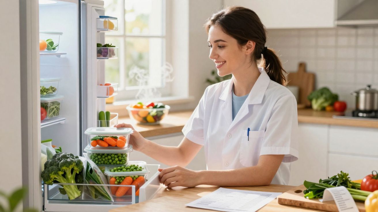Mulher de bata branca a arrumar legumes frescos em recipientes dentro de um frigorífico aberto numa cozinha.