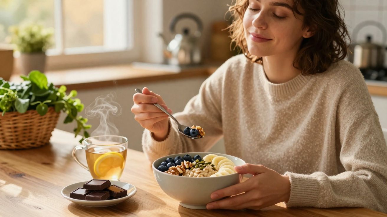 Mulher a sorrir enquanto come uma taça de fruta, nozes e sementes numa cozinha iluminada.