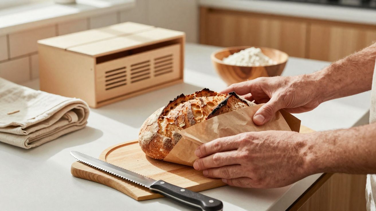 Mãos a embrulhar pão rústico numa cozinha com tábua, faca e caixa para pão ao fundo.
