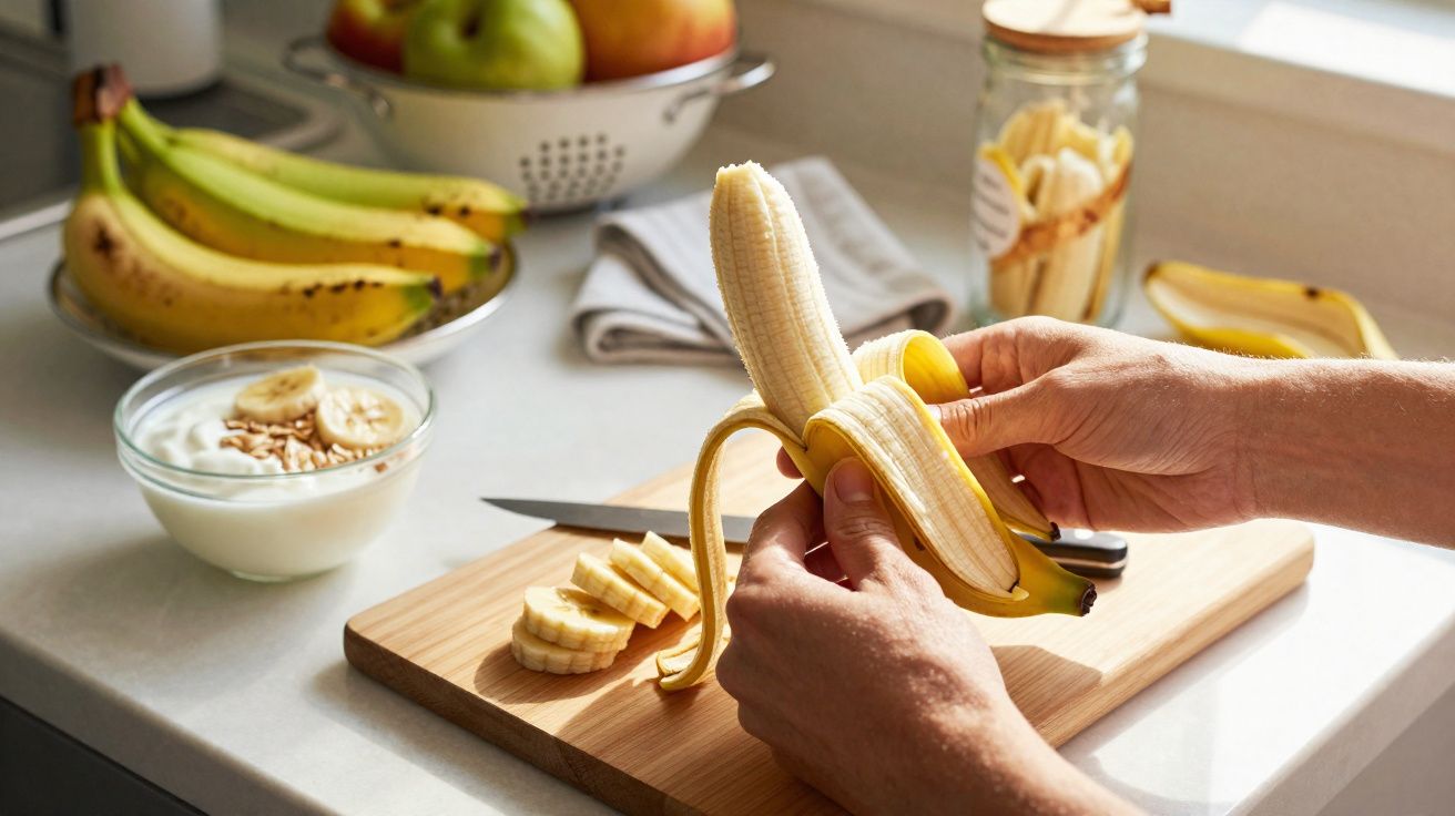 Mãos a descascar uma banana junto a fatias de banana numa tábua de cortar, com iogurte e frutas ao fundo.