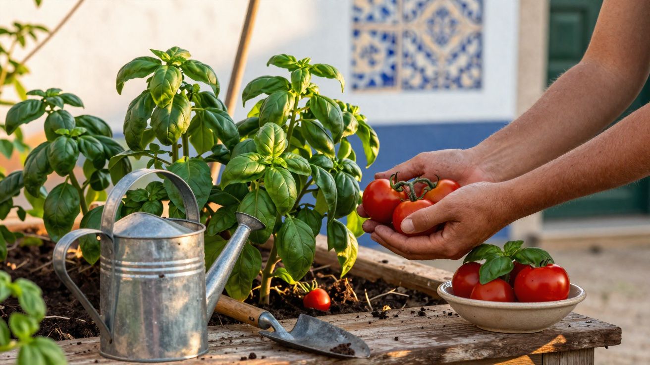 Pessoa colhendo tomates maduros perto de plantas de manjericão num jardim com regador e enxada.