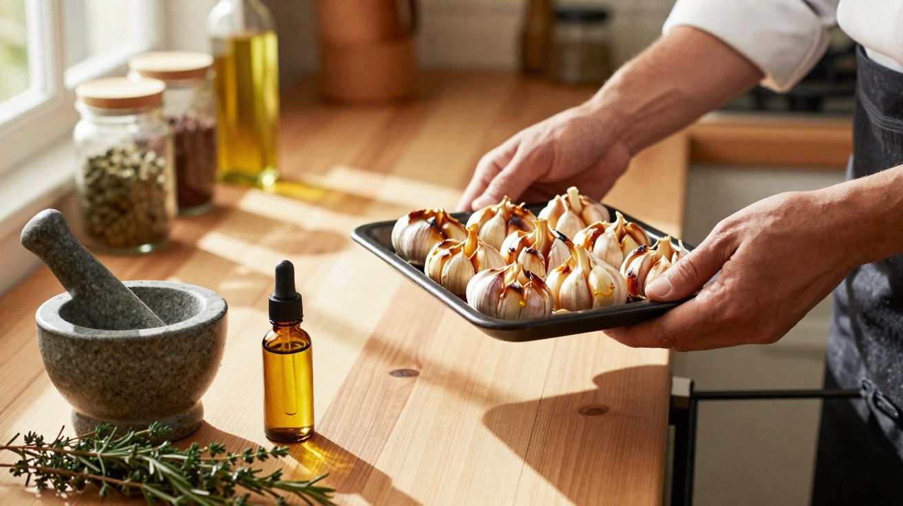Pessoa a segurar tabuleiro com dentes de alho para assar numa bancada de madeira com ervas e almofariz.