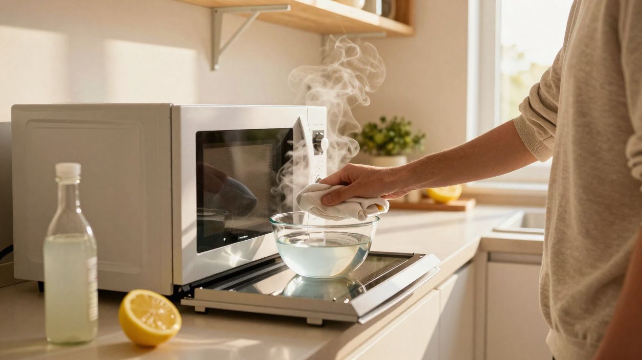 Pessoa a retirar tigela com vapor do micro-ondas numa cozinha iluminada pela luz natural.