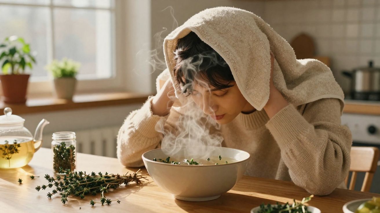Pessoa a fazer inalação de vapor quente com toalha na cozinha, junto a ervas frescas.