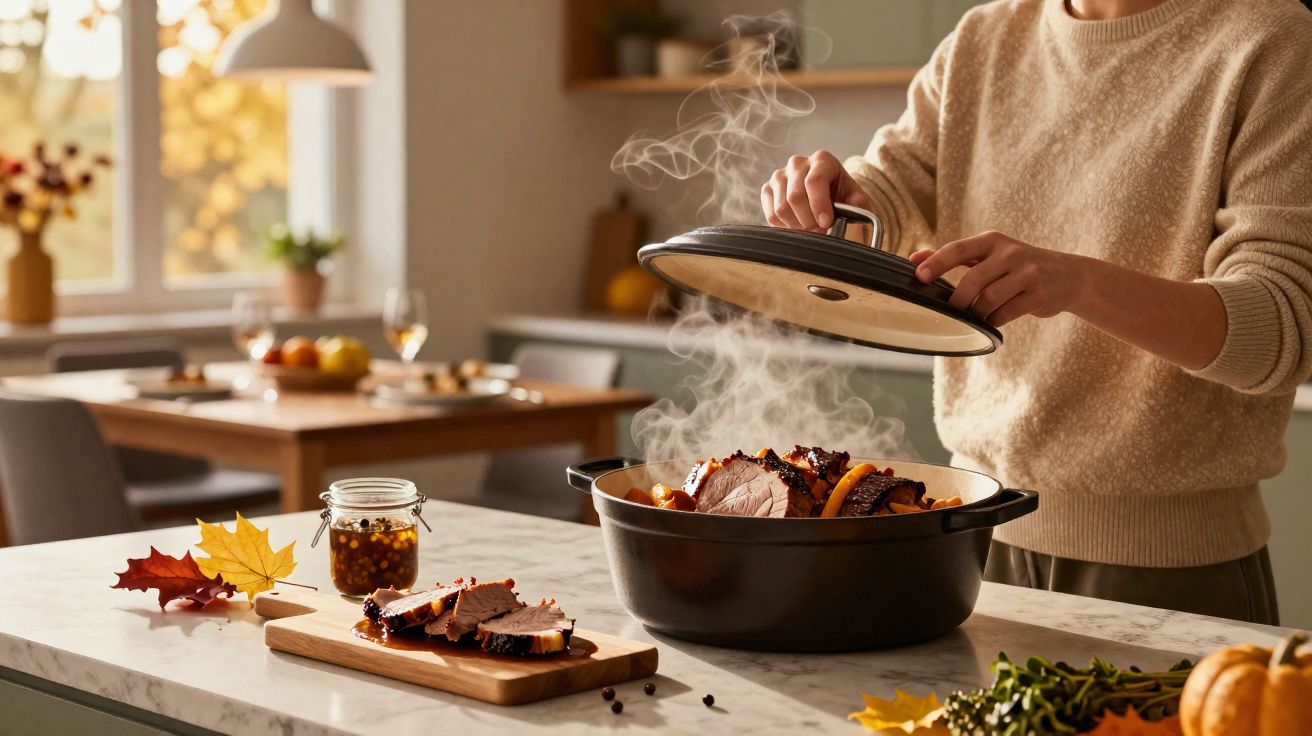 Pessoa a abrir panela quente com carne cozinhada e fumo a sair numa cozinha acolhedora.