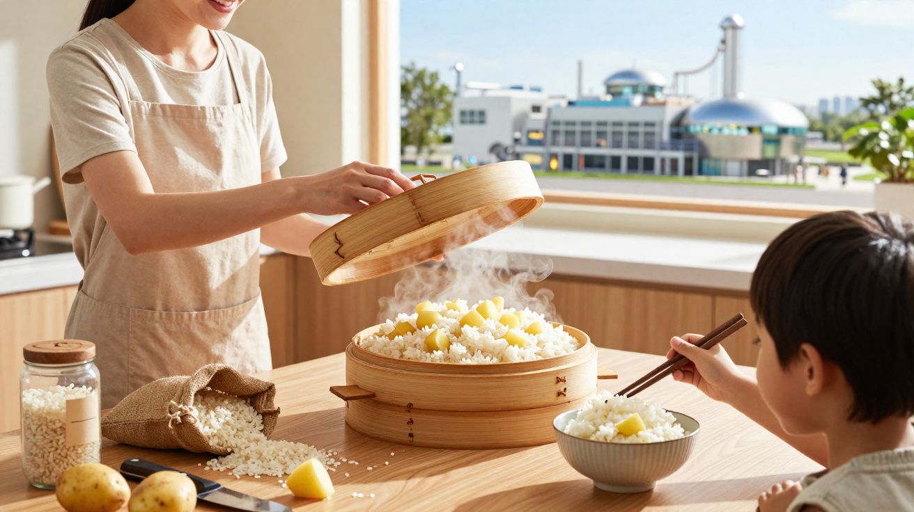 Mulher a tirar tampa de vaporizador de madeira com arroz e batatas, criança a comer com pauzinhos.