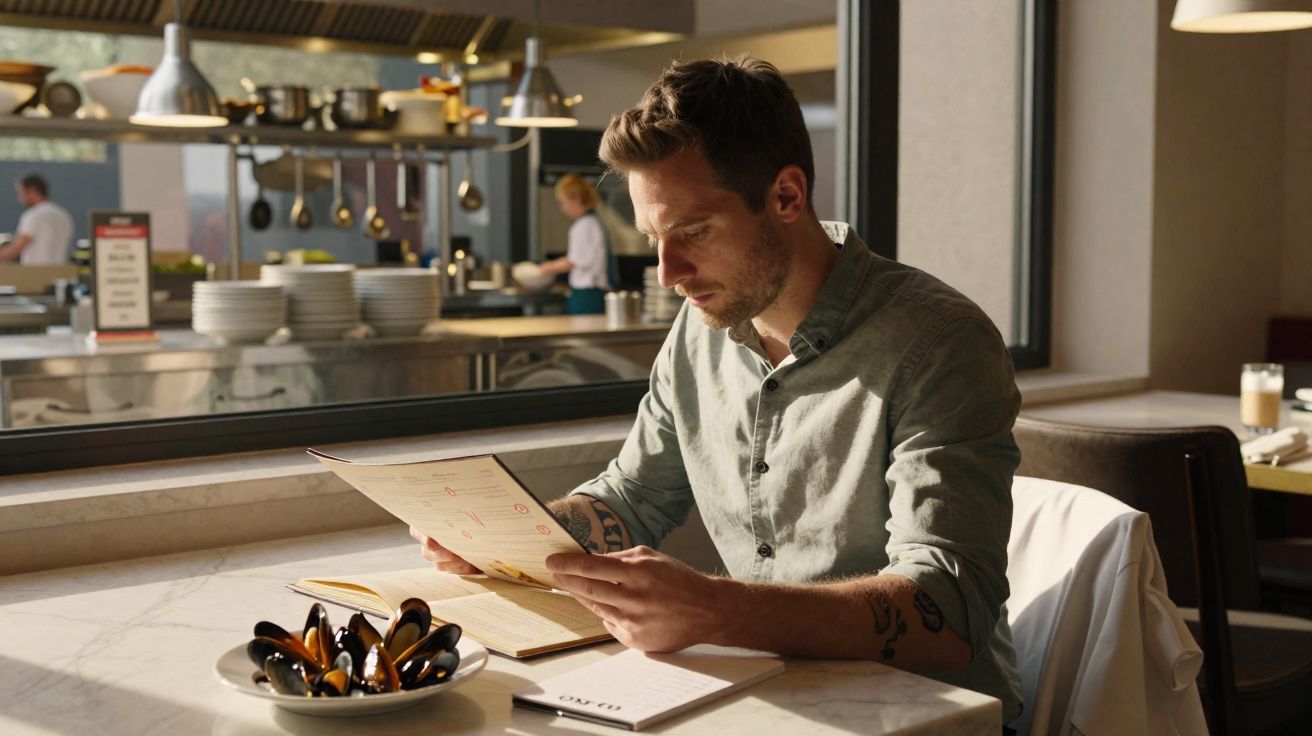 Homem a ler o menu num restaurante com prato de mexilhões à sua frente numa mesa junto à janela.