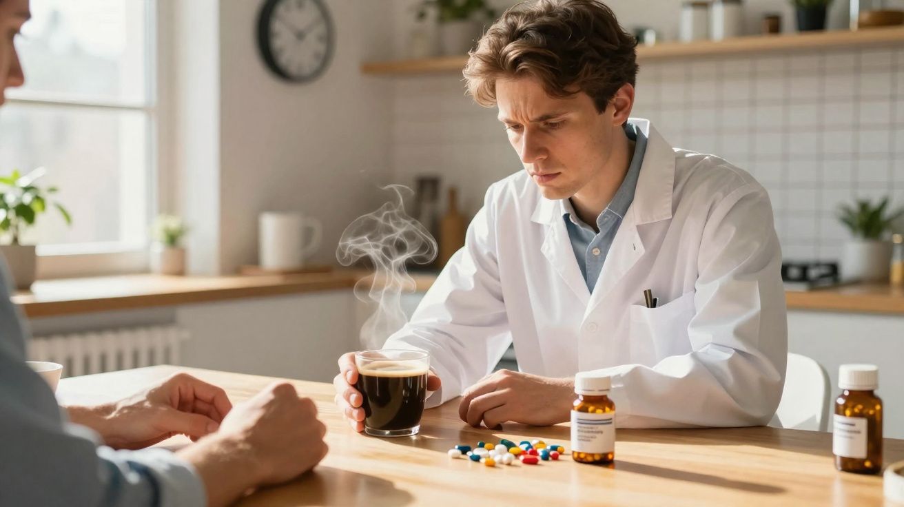 Homem de bata branca sentado à mesa com chá quente e várias pílulas ao seu lado.