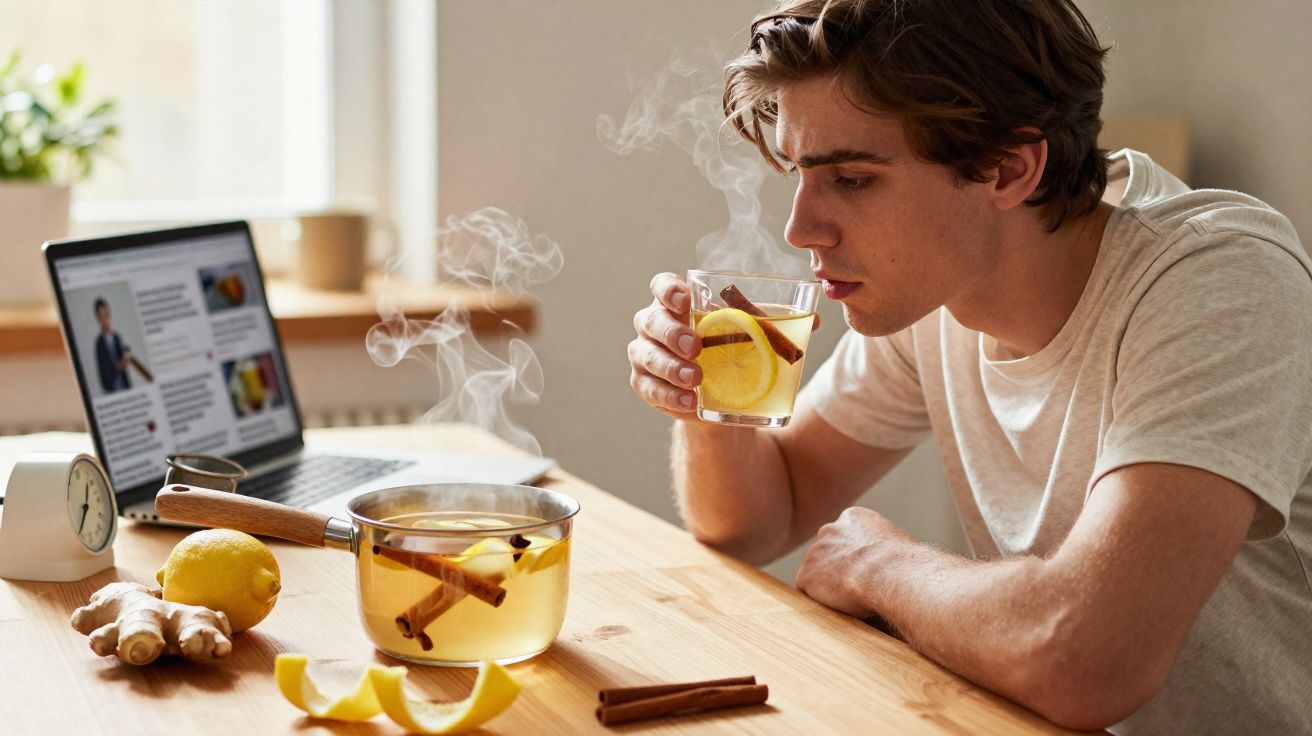 Homem a beber chá quente de limão e canela junto a computador portátil numa mesa de madeira.