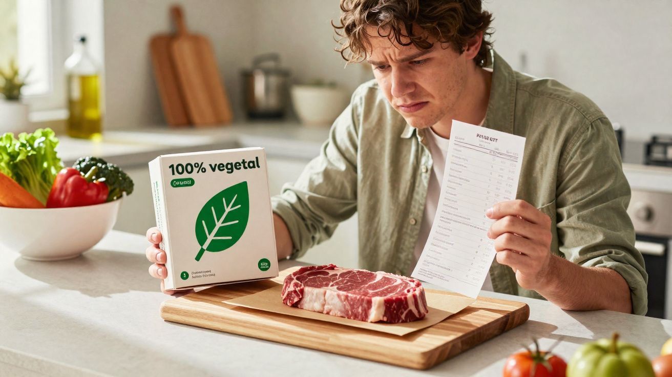 Homem na cozinha comparando embalagem de produto 100% vegetal com bife cru sobre tábua de madeira.