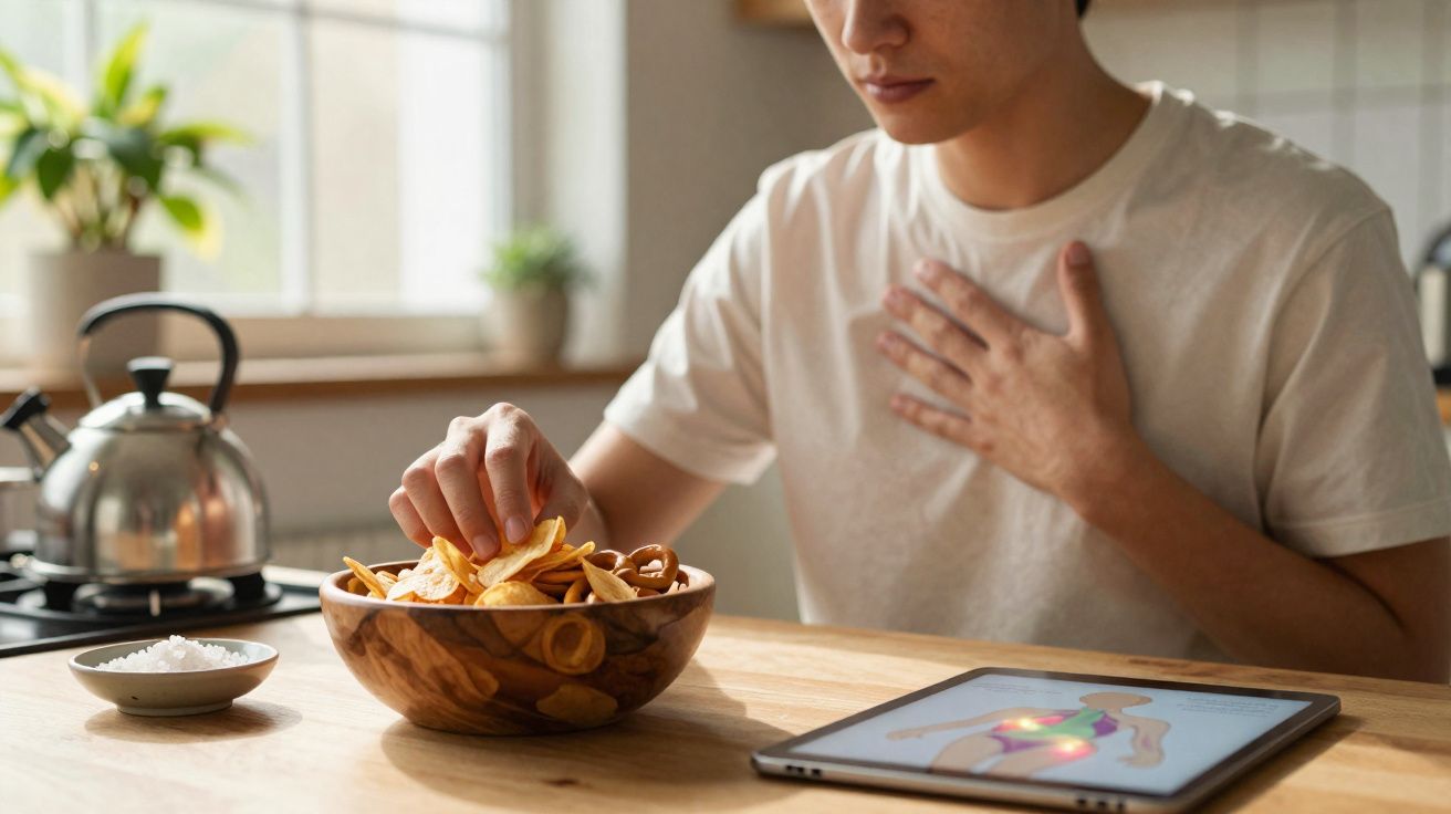 Pessoa a sentir desconforto no peito enquanto segura batatas fritas numa tigela, com um tablet na mesa.