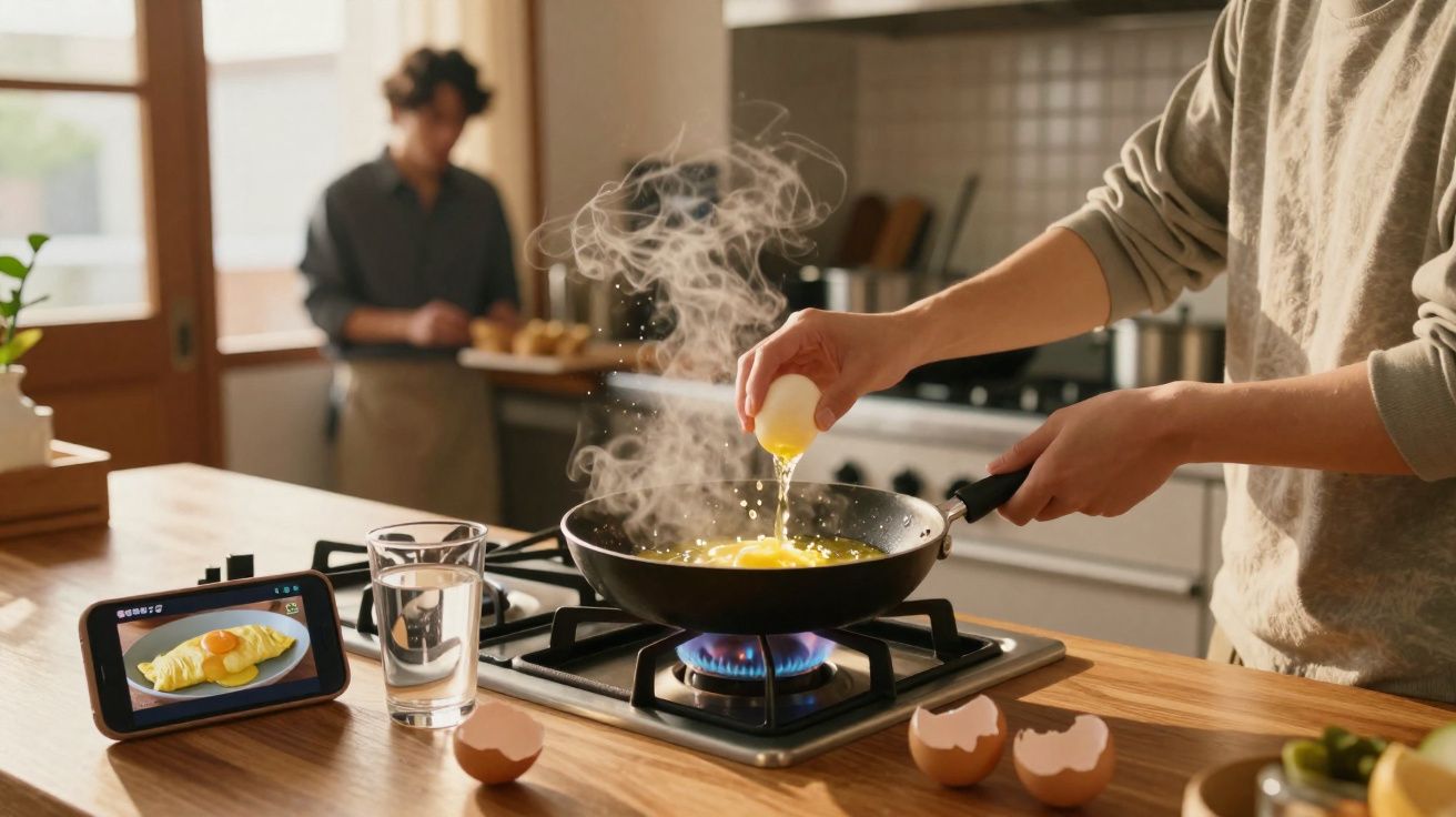Pessoa a partir um ovo numa frigideira sobre um fogão a gás numa cozinha moderna.