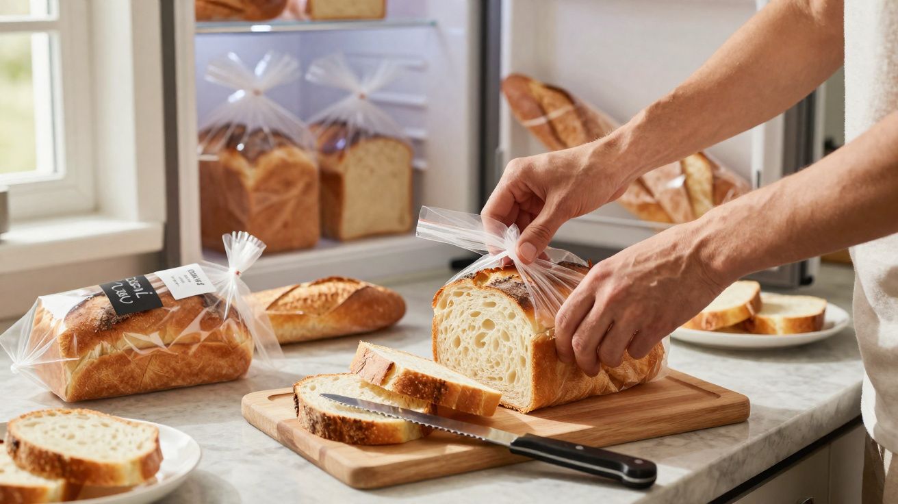 Pessoa a embalar pão fatiado numa cozinha com vários pães e tábuas de cortar pão.
