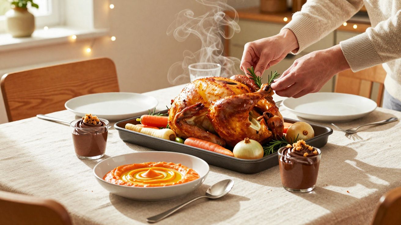 Pessoa a decorar um peru assado fumegante com legumes numa mesa de jantar posta com sobremesas e pratos vazios.