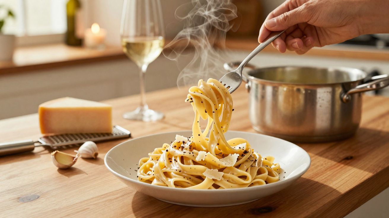 Prato de massa fumegante com queijo ralado e pimenta, com mão a enrolar a massa com um garfo.