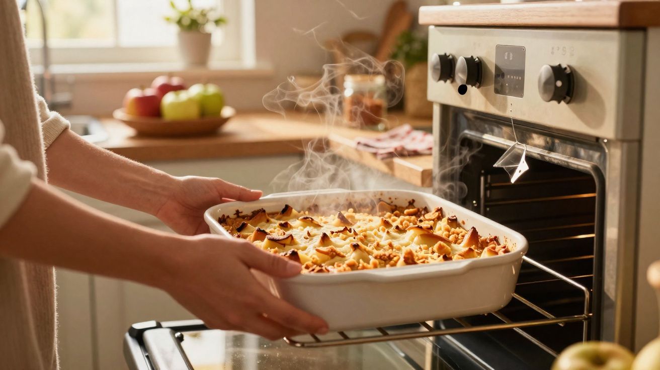 Pessoa a tirar do forno uma travessa de comida quente e fumegante numa cozinha iluminada.