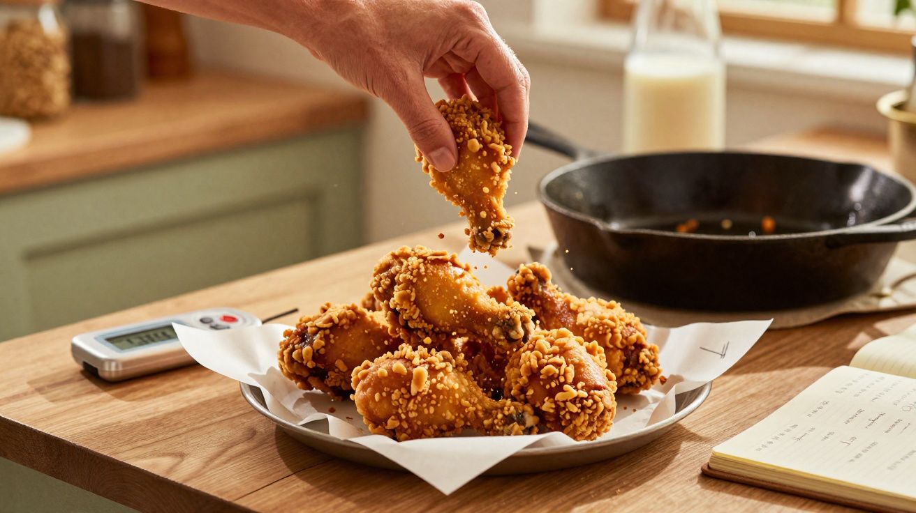 Mão a pegar uma coxa de frango frita coberta com pedaços crocantes sobre prato em mesa de madeira.