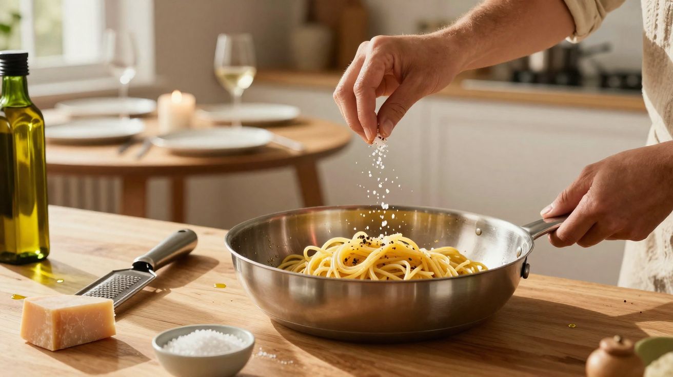 Pessoa a temperar esparguete com sal numa frigideira numa cozinha doméstica.