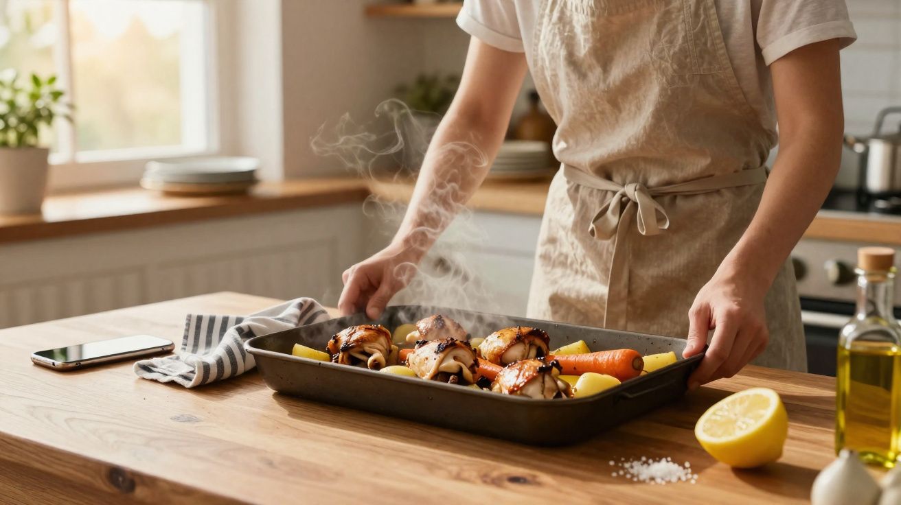 Pessoa a tirar do forno assado de frango com batatas e cenouras numa cozinha iluminada.