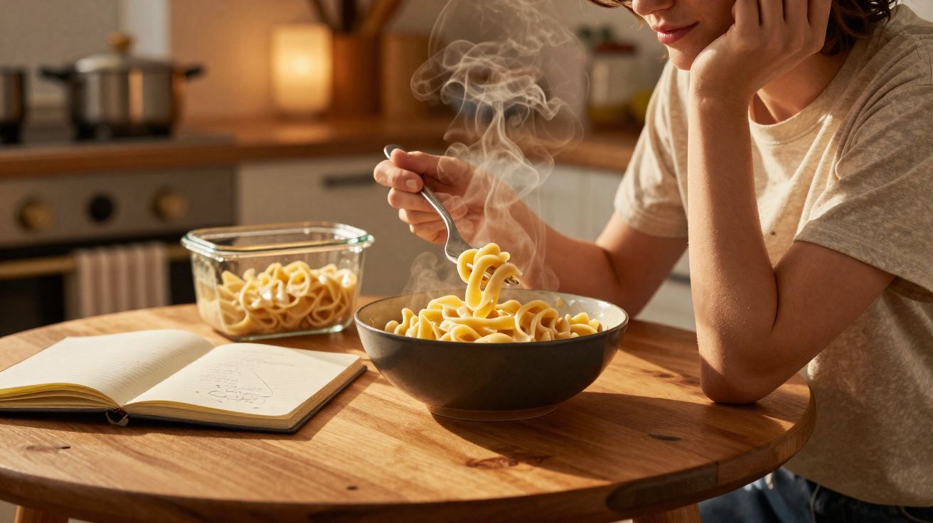 Pessoa a comer massa fumegante numa tigela à mesa com caderno aberto e embalagem de massa na cozinha.
