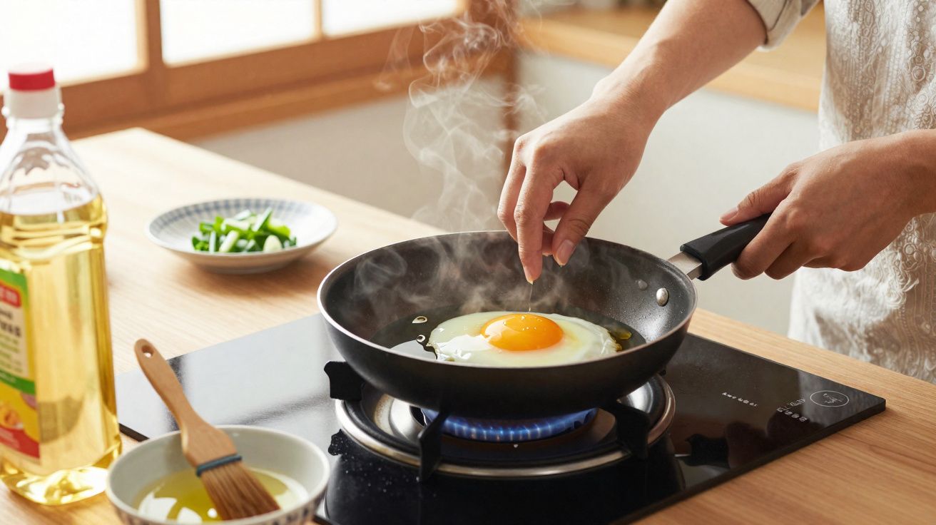 Mãos a cozinhar um ovo estrelado numa frigideira com vapor visível numa cozinha iluminada.
