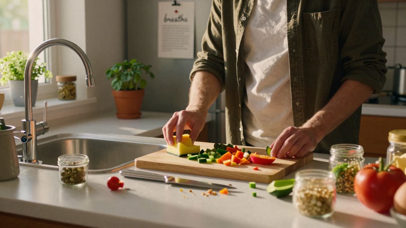 Pessoa a cortar legumes frescos numa tábua de cozinha com luz natural pela janela.