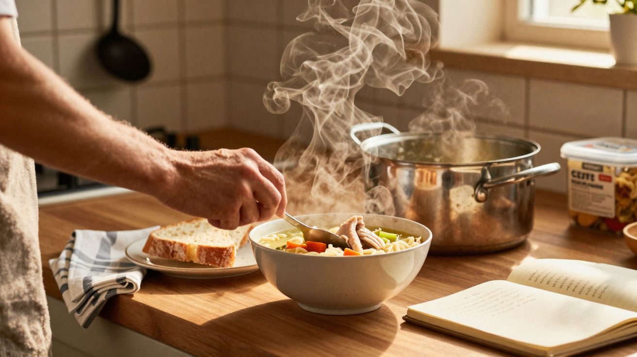Mão segura colher sobre tigela de sopa quente com vegetais e massa, ao lado de pão e panela na cozinha.