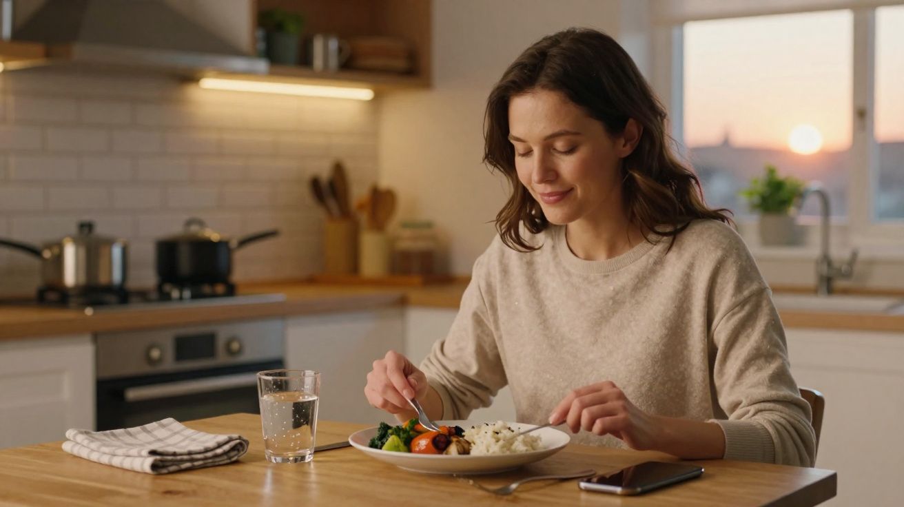 Mulher sentada à mesa a comer uma refeição com arroz e legumes numa cozinha iluminada ao entardecer.