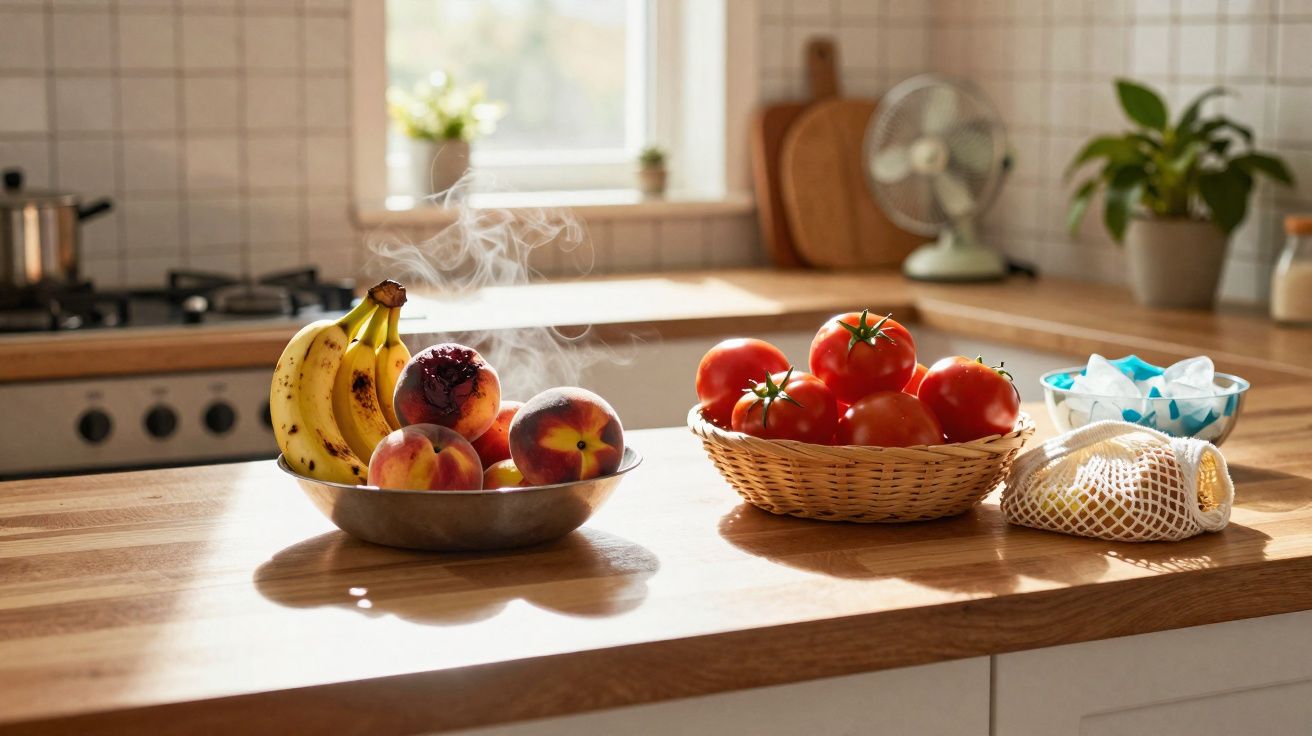 Fruta fresca e legumes numa cozinha iluminada, com pêssegos, bananas e tomates numa bancada de madeira.