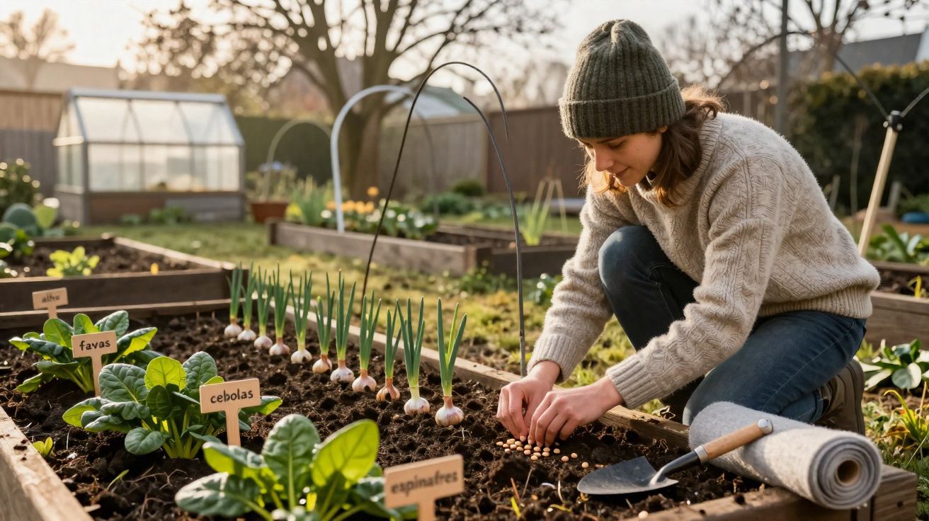 Mulher a plantar sementes numa horta com canteiros etiquetados de alface, favas, cebolas e espinafres.