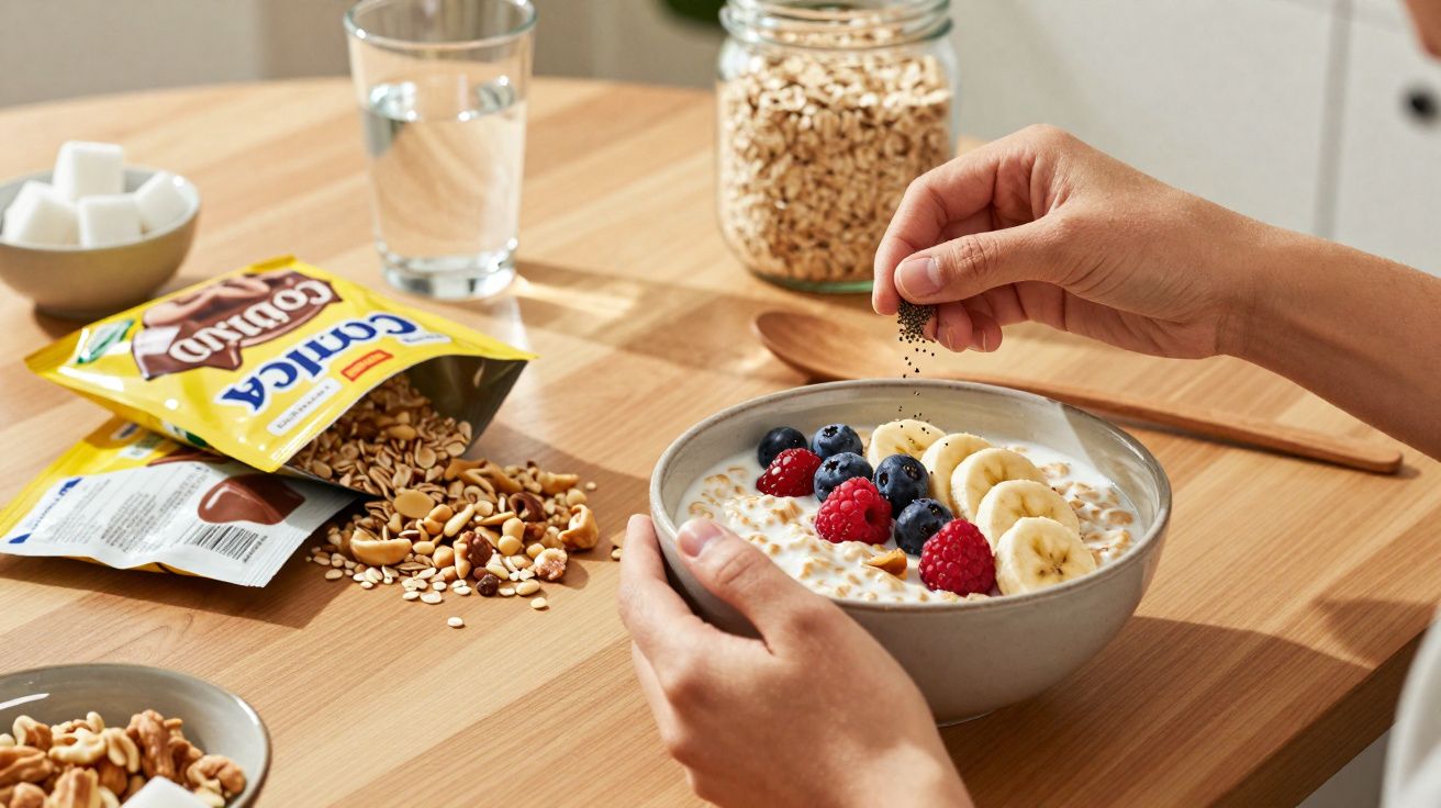 Pessoa a polvilhar cereais num prato com leite e frutas, com pacote de cereais aberto e jarra no fundo.