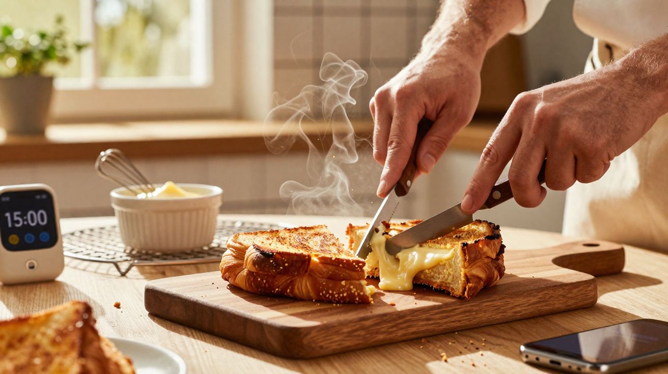 Pessoa a cortar sanduíche quente com queijo derretido numa tábua de madeira numa cozinha iluminada.