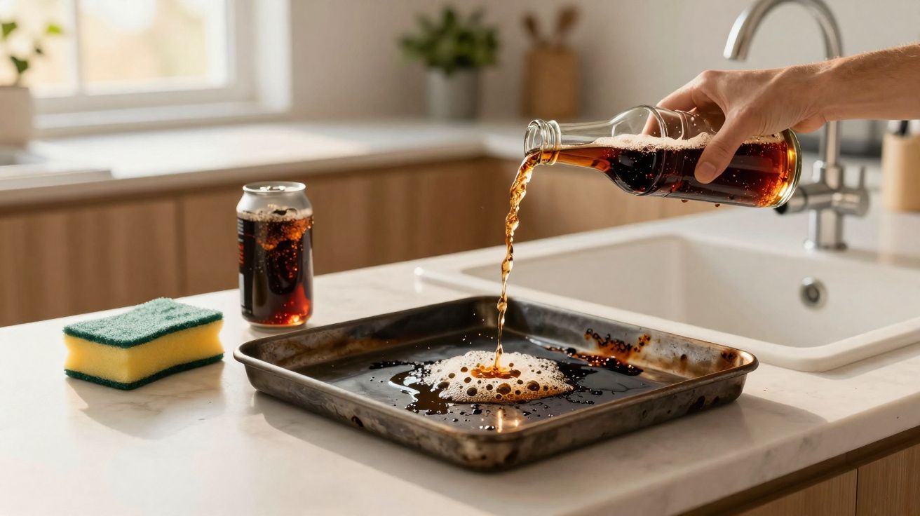 Mão a verter refrigerante de uma garrafa numa assadeira suja numa cozinha com esponja e lata na bancada.