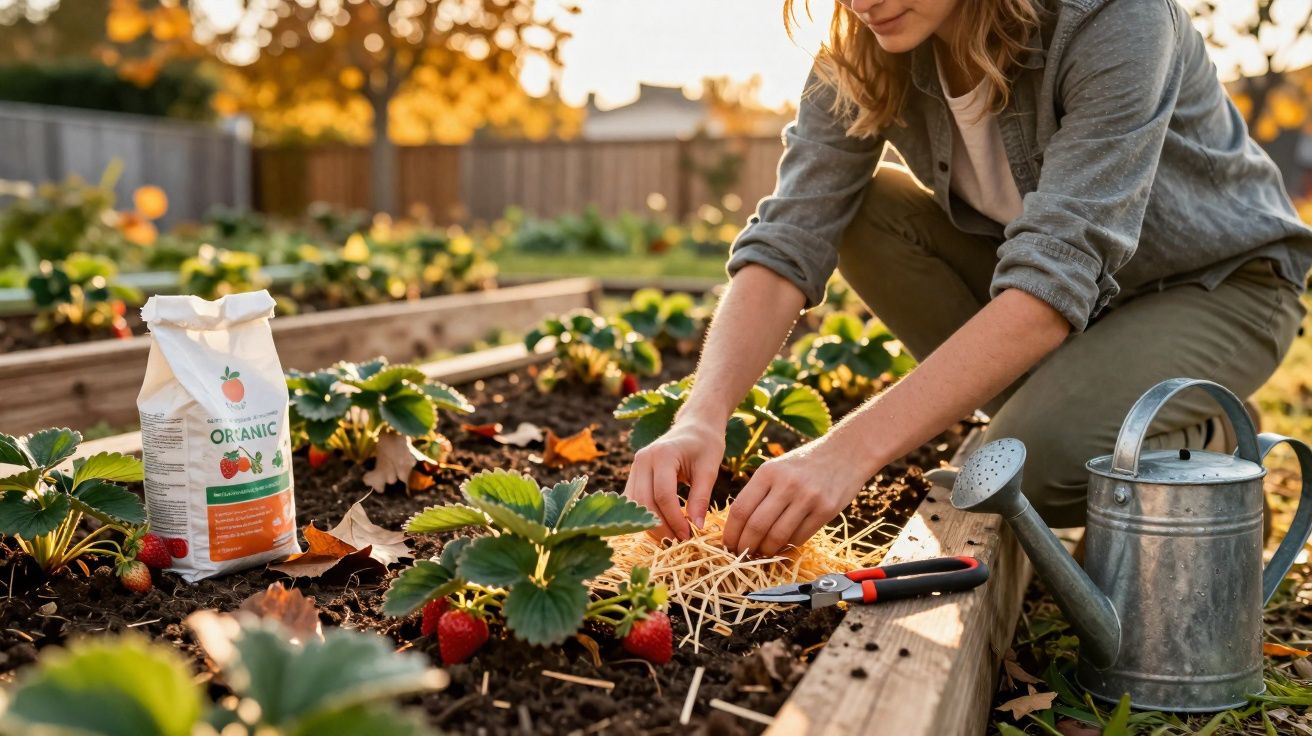 Pessoa a cuidar de morangueiros num canteiro com regador e adubo orgânico ao lado.