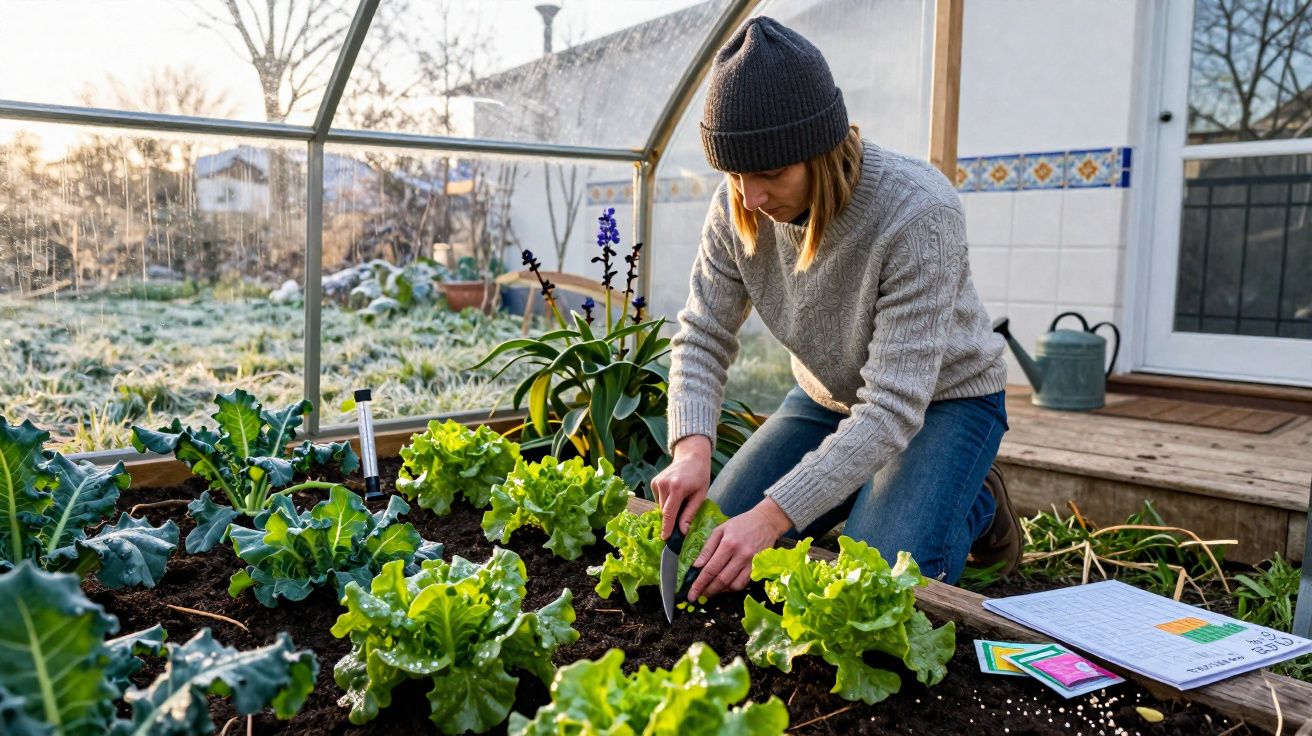 Mulher a cultivar alface numa estufa durante o dia, rodeada de plantas e equipamento de jardinagem.